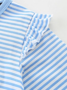 Robe princesse à rayures pour fille avec volants en coton bleu et blanc et col côtelé