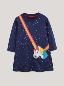 Girls long sleeve navy dress with golden stars and unicorn embroidery motif