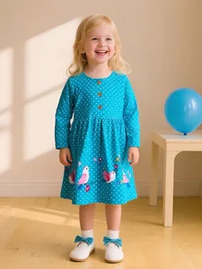 Mädchen Baumwolle Langarm Kleid Punktmuster Vogel Blume Bestickt Prinzessin Kleid Rundhals Knopf Herbst Kinder Kleidung