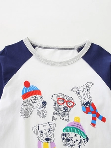 Boys' long-sleeve raglan T-shirt with color-blocking and cartoon dog print graphics