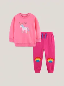 Ensemble de Vêtements en Coton pour Filles Sweat-shirt Broderie Licorne et Pantalon Jogging Deux Pièces Rose Fuchsia Dessin Animé