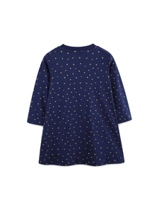 Girls long-sleeve navy blue dress with golden star prints and a sweet round neckline