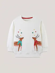 Sweat-shirt en Coton Brodé de Renne de Noël pour Petites Filles Manches Longues Col Rond Tricoté Pull Festif