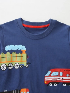 Boys long-sleeved navy cotton T-shirt featuring colorful cartoon train prints and crew neck