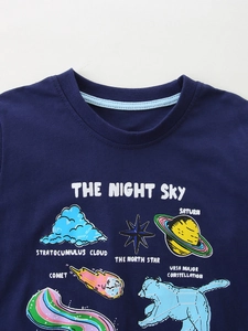 Boys navy blue long sleeve t-shirt with night sky cartoon print and ribbed neckline