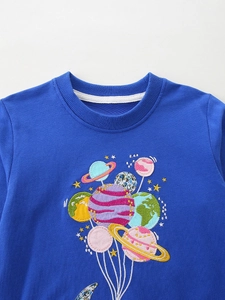 Sweat-shirt bleu marine pour enfants avec broderie planète colorée et col rond côtelé