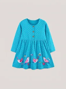 Blaues langärmliges Baumwollkleid für Mädchen mit Punkten und Vogel-Blumen-Stickerei