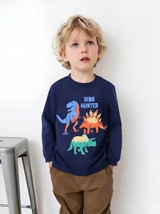T-Shirt à Manches Longues en Coton pour Garçons Bleu Marine Imprimé Dinosaure Dino Hunter Col Rond Automne Haut Casual