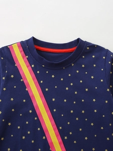 Girls navy blue long sleeve dress with gold stars and colorful stripes detail