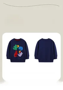 Front and back view of navy blue boys sweatshirt with colorful dinosaur embroidery