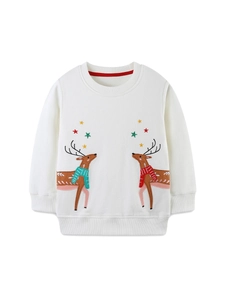 Sweat de Noël en coton blanc pour fille avec broderie renne et étoiles colorées