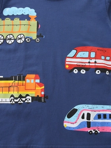 Dark blue boys long sleeve cotton shirt featuring colorful cartoon train prints