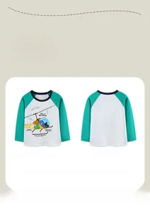 Detail view of boys long sleeve cotton t-shirt featuring green raglan sleeves and helicopter print