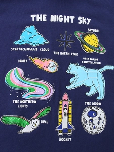 Boys long sleeve navy t-shirt featuring night sky cartoon print with stars and planets