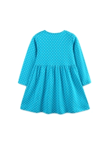 Blaues Langarmkleid für Mädchen mit weißen Punkten und Tierstickerei für den Herbst