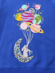 Sweat en maille bleu roi pour fille avec broderie lapin et planètes colorées