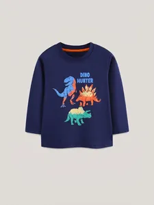 T-shirt manches longues enfant bleu marine avec imprimés dinosaures colorés et texte