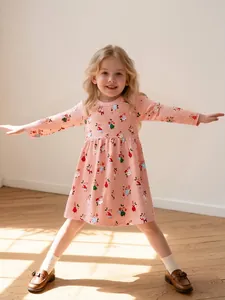 Robe en Tricot de Coton à Manches Longues Imprimée Lapin Sapin de Noël pour Filles Décontractée Automne Fête Tenue Enfants