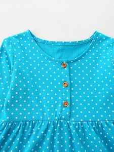 Blaues Polka-Dot-Prinzessinnenkleid für Mädchen mit langen Ärmeln und Holzknöpfen