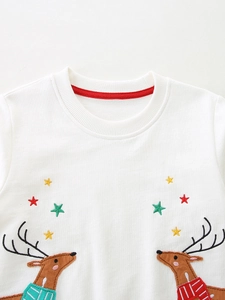 Sweatshirt blanc pour filles avec broderie de renne colorée et motifs d'étoiles