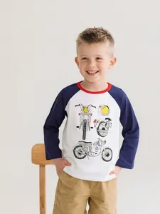 Maglietta Raglan da Ragazzo a Manica Lunga in Cotone Color Block con Stampa di Motociclette Girocollo Casual Autunno