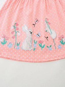 Robe rose à pois pour filles avec broderies de lapin et de fleurs en coton doux