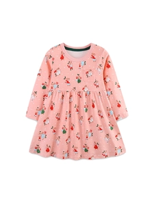 Robe rose à manches longues pour enfant en coton avec motifs lapins et petite poche