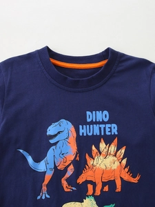 T-shirt manches longues bleu foncé pour enfant avec imprimé dinosaure et col rond