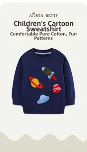 Detail of space-themed towel embroidery on navy cotton sweatshirt with rocket and planets