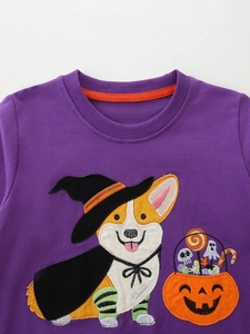 Purple girls' sweatshirt featuring Halloween corgi embroidery and pumpkin patch