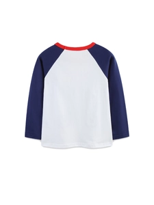 T-shirt da bambino a maniche lunghe con design color block rosso bianco e blu navy