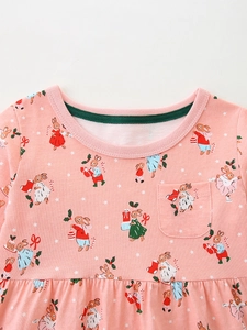 Robe rose à manches longues pour filles en coton avec motif de lapin festif et poche
