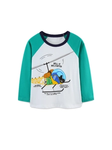 Boys long sleeve raglan t-shirt with green sleeves and cartoon helicopter print