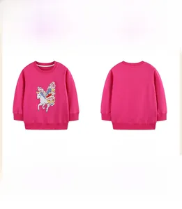 Front and back view of rose pink girl's unicorn sweatshirt with floral patch details
