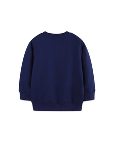 Navy blue long sleeve boys sweatshirt with ribbed cuffs and crew neck on plain background