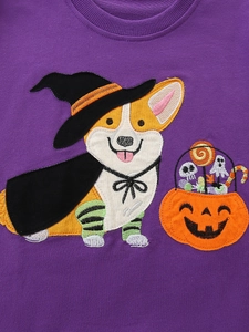 Girls purple Halloween sweatshirt with embroidered Corgi dog in a wizard outfit