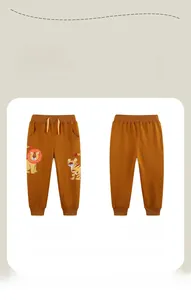 Detailed front and back view of brown kids jogger pants with lion and tiger cartoon prints