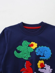 Navy blue boys sweatshirt with colorful 3D dinosaur towel embroidery on the chest