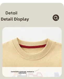 Close-up of ribbed round neck on beige cotton sweatshirt with durable inner binding