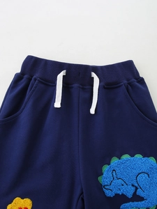 Kids navy blue joggers with drawstring waist and embroidered cartoon dinosaur patch