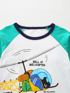 Boys' raglan sleeve t-shirt with colorful helicopter print and navy crew neck collar