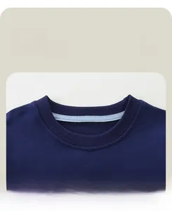 Detail of the navy blue ribbed round neckline and towel embroidery on cotton sweatshirt