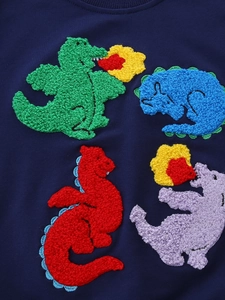 Boys navy sweatshirt with colorful 3D textured dinosaur towel embroidery detail