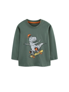 Boys Cotton Long Sleeve T-Shirt Casual Skateboard Dinosaur Print Round Neck Pullover Top For Toddler Kids