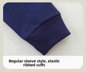 Detail of dark blue cotton sweatshirt featuring elastic ribbed cuffs and knit texture