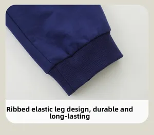 Detail of navy cotton knit pants featuring elastic ribbed cuffs for durability and comfort
