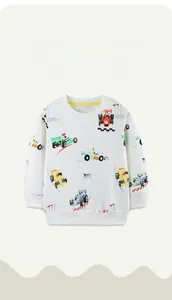 Detailansicht weißes Kinder-Baumwoll-Sweatshirt mit buntem F1-Autodruck und Rippbündchen