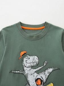 Boys long sleeve cotton sweatshirt in forest green with cartoon dinosaur print