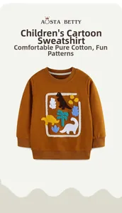 Detail of cartoon dinosaur towel embroidery on mustard yellow cotton kids sweatshirt