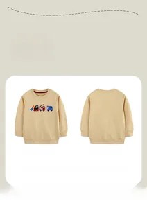 Front and back view of beige cotton sweatshirt with cartoon construction vehicle embroidery